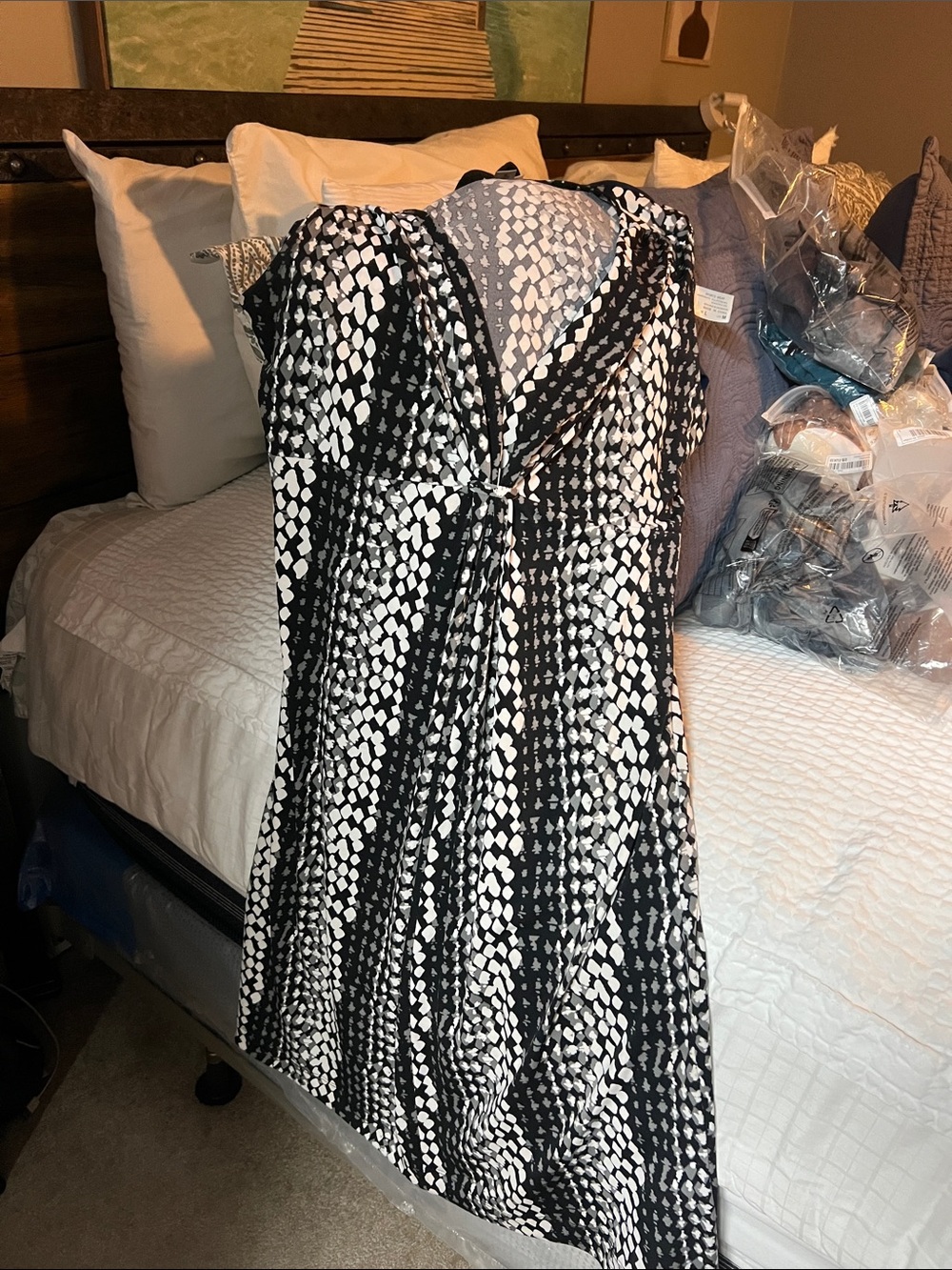 Black & White Patterned V-Neck Maxi Dress